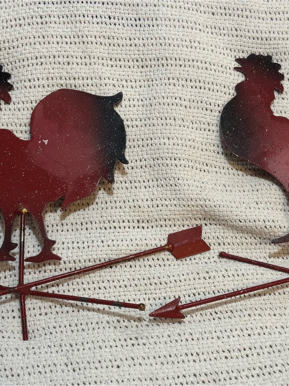 Vintage Pair of Metal Rooster Weathervane Wall Decor – Barn Red & Black